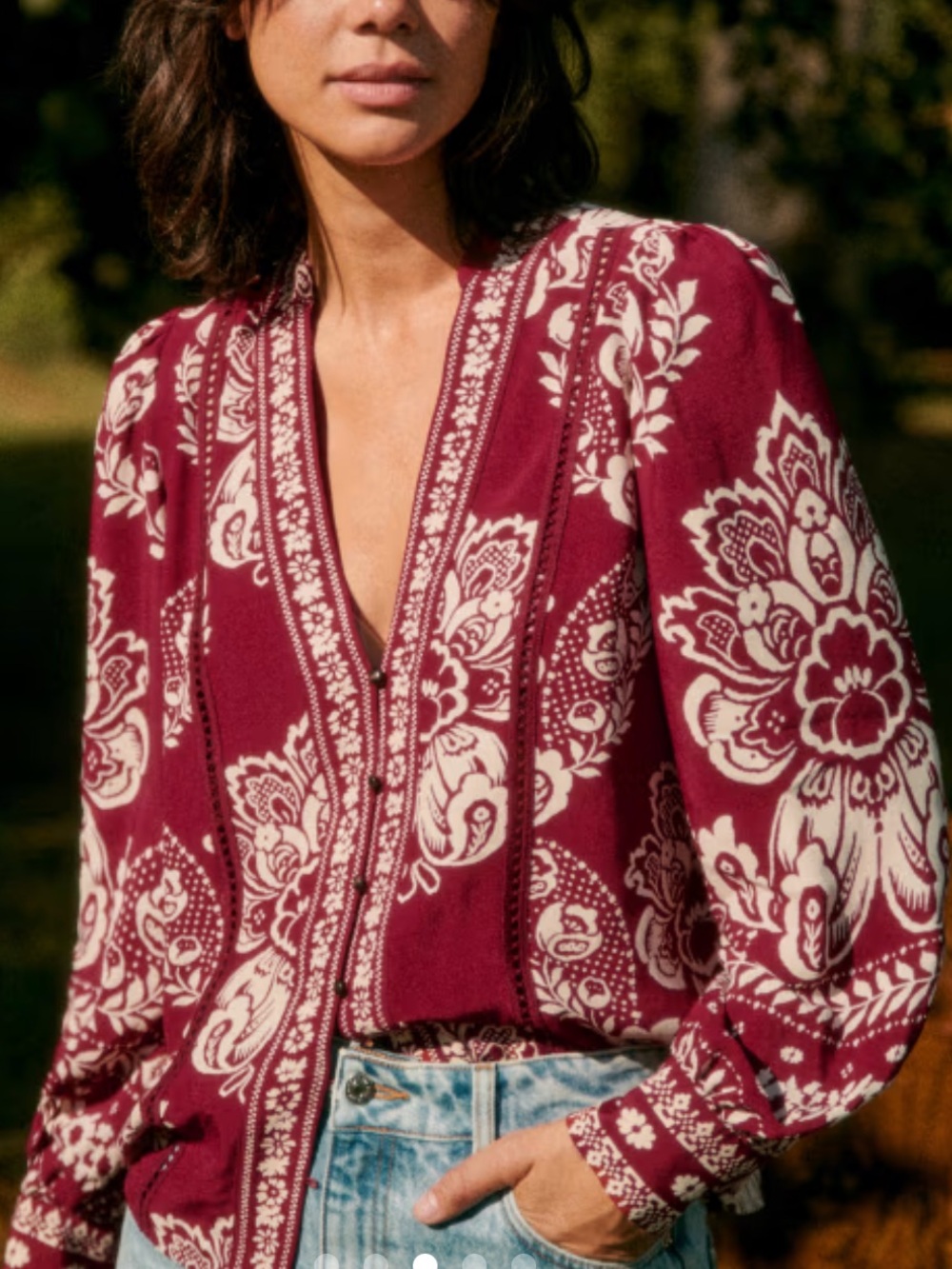 Sezane Burgundy and Cream Floral V-Neck Blouse